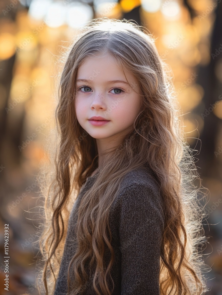 Obraz premium Portrait of young girl with long hair outdoors in vibrant autumn forest with golden leaves and soft sunlight creating idyllic backdrop for copyspace