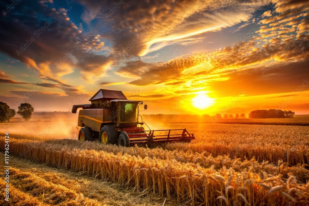 Fototapeta premium Golden Harvest: Double Exposure of Cornfield and Setting Sun