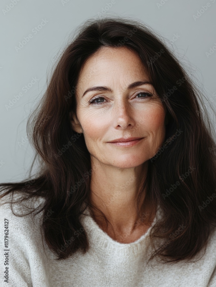 Fototapeta premium Elegant portrait of a middle-aged brunette woman with long wavy hair, soft natural lighting, and a neutral gray background ideal for text placement.
