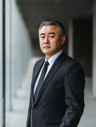 Wallpaper Mural Mature Asian businessman in black suit standing confidently in modern office space with large glass windows and soft natural lighting, empty copyspace for text Torontodigital.ca