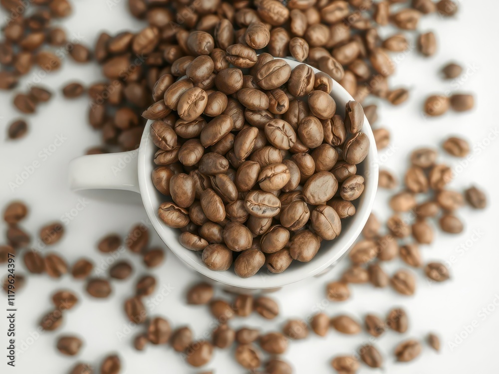 Fototapeta premium Roasted coffee beans overflowing a pristine white cup, image,detail