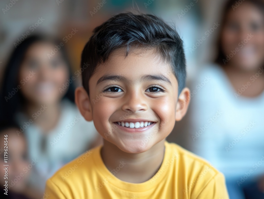 Smiling Hispanic boy in yellow shirt with joyful Latino family in soft focus background, creating spacious empty area for text and messaging. Smiling Hispanic boy in yellow shirt with joyful Latino family in soft focus background, creating spacious empty area for text and messaging.