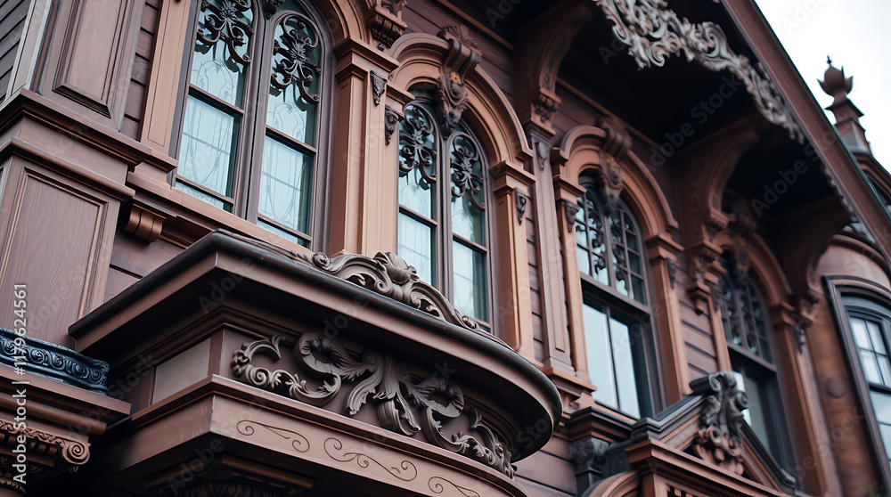 Obraz premium Ornate Brownstone Building Facade with Multi-Paned Windows