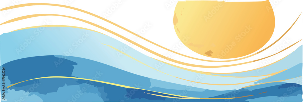 watercolor illustration of ocean sunset, simple design with golden details, vector background. Minimal landscape art with watercolor brush and golden line art texture. Abstract art wallpaper for print