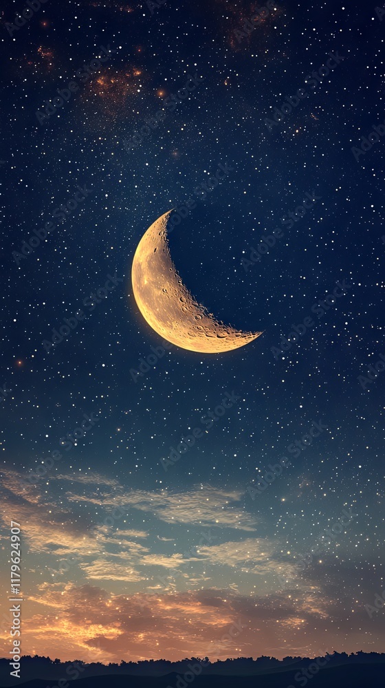 Fototapeta premium Celestial Moonlit Sky, Starry Night, Golden Sunset