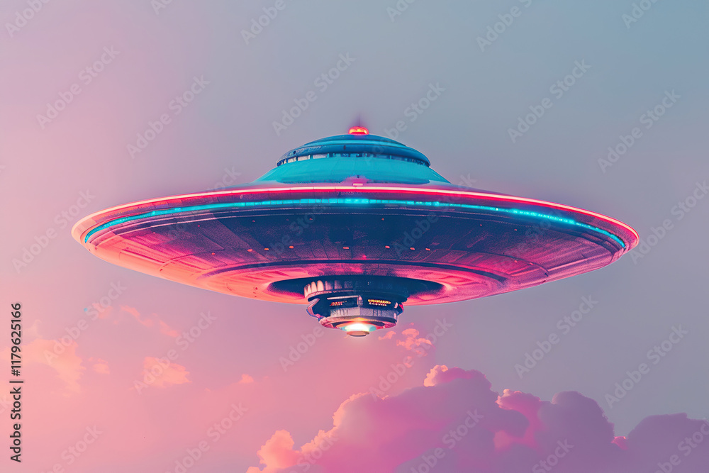Obraz premium Iron oval UFO saucer hovering over beautiful landscape in deep dramatic sky, abstract vivid composition consists of fictional unreal fantastic vision on background