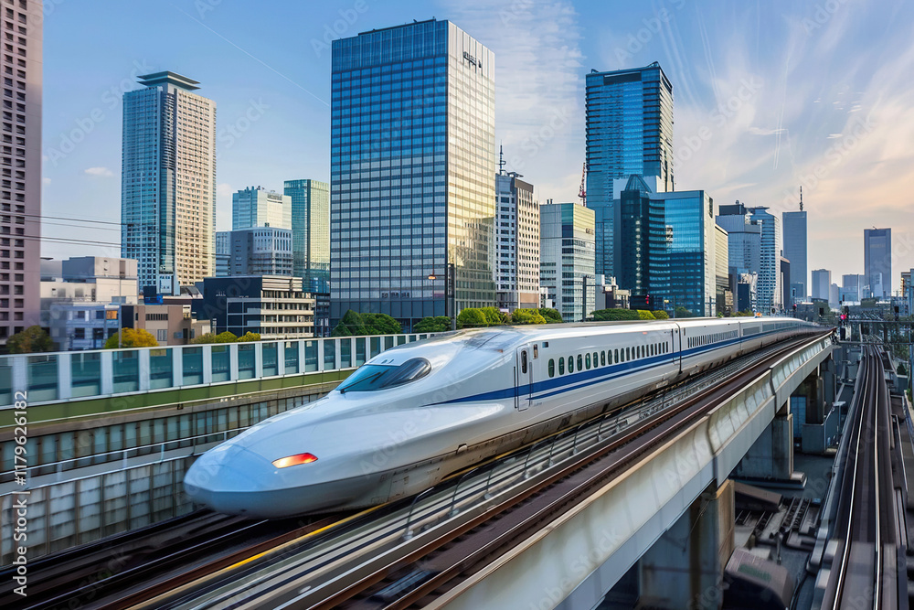 Naklejka premium Modern big high-speed train in fast motion passes through railway stations, abstract vivid composition consists of fictional unreal fantastic vision on background