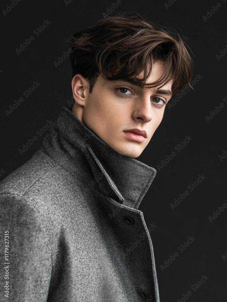 Fototapeta premium Portrait of a handsome young male with brown hair, wearing a stylish gray jacket, against a dark background, featuring ample negative space for text, fashion, model, beauty.