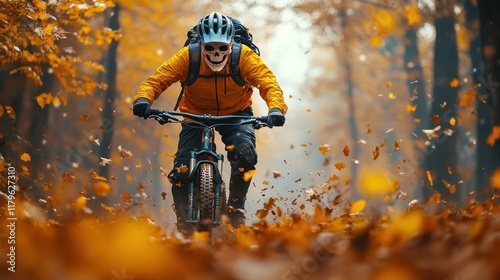 Masked mountain biker speeds through autumn leaves.
