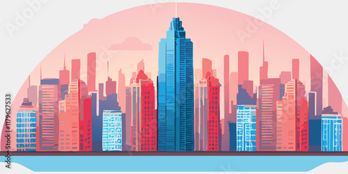 City silhouette in pink and blue colors. Vector illustration of a city landscape, metropolis of beautiful tall buildings, skyscrapers, offices and real estate against the backdrop of beautiful sunset.