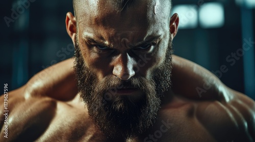 Muscular hairless bodybuilder with a thick brunette beard staring intensely at the camera in a professional gym setting, dramatic lighting highlighting physique, strength, fitness, competition, powerf photo