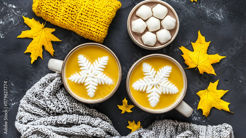 Cozy autumnal hot drinks with marshmallows and autumn leaves on a dark surface. photo