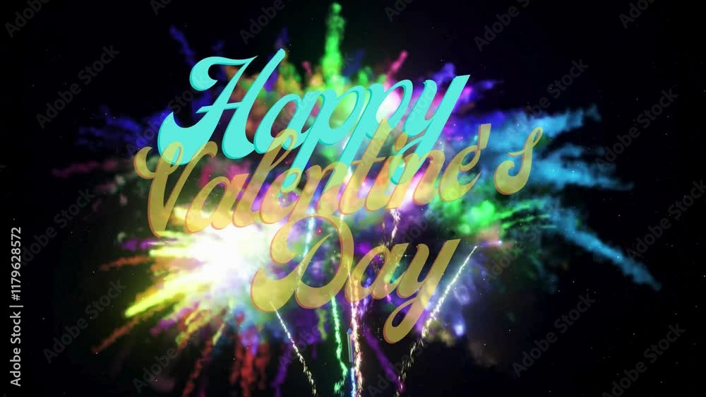 Happy Valentines day text with fireworks Happy st valentines day text animation