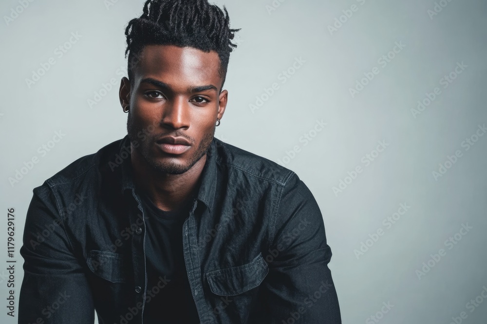 Fototapeta premium Stylish African American male model posing in studio environment with neutral gray background, showcasing confidence and attitude for versatile text placement.