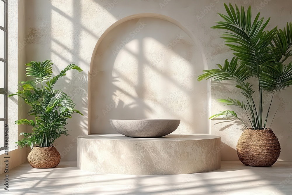 modern product display scene minimalist 3d podium with natural shadow play and organic elements on soft beige background modern product display scene minimalist 3d podium with natural shadow play and organic elements on soft beige background