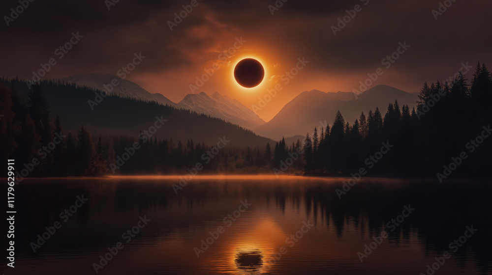 Fototapeta premium Breathtaking Total Solar Eclipse Reflected on Serene Lake Landscape