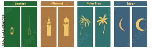 Islamic icons feature a lantern, minaret, palm tree, and star and crescent. Perfect for Ramadan, Eid, and Islamic designs. 