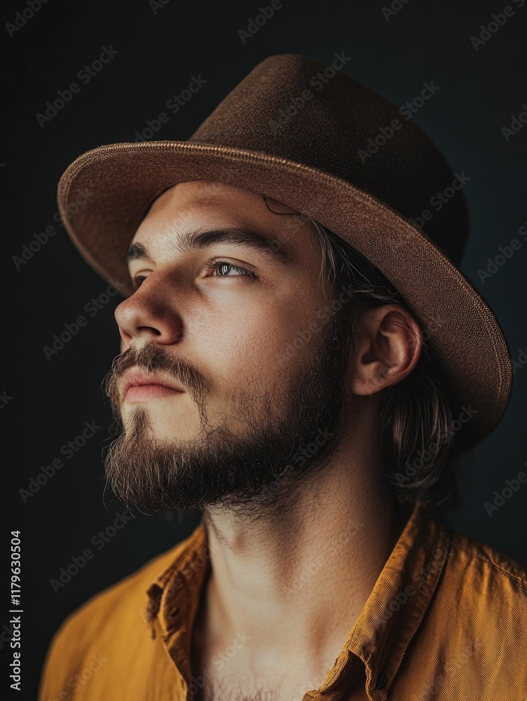 Portrait of a contemplative man wearing a brown fedora hat against a dark green background, capturing natural light and serene expression with ample copyspace. Portrait of a contemplative man wearing a brown fedora hat against a dark green background, capturing natural light and serene expression with ample copyspace.