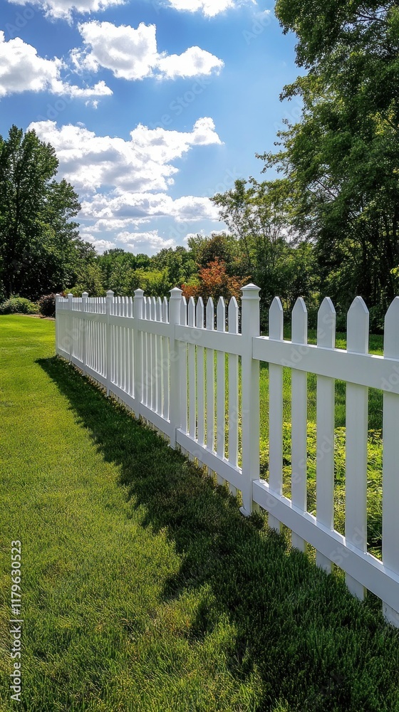 White picket fence bordering a green lawn under a blue sky White picket fence bordering a green lawn under a blue sky