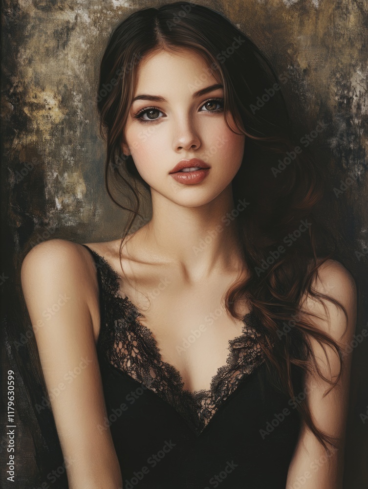 Elegant portrait of a young woman in a black lace negligee against a soft textured brown backdrop with ample copyspace for text and branding. Elegant portrait of a young woman in a black lace negligee against a soft textured brown backdrop with ample copyspace for text and branding.