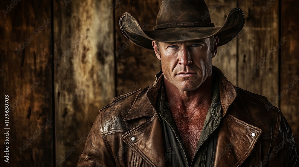 Fototapeta premium A Rugged Cowboy Portrait: Leather, Hat, and Strength