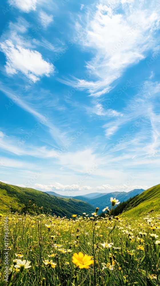Fototapeta premium A vibrant landscape with colorful flowers in a meadow, under a bright blue sky adorned with wispy clouds, set against rolling green hills.
