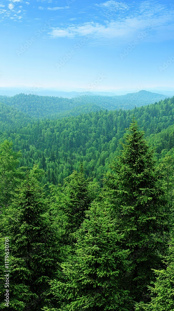 Lush green forest landscape with distant mountains and clear blue sky, capturing the tranquility of nature.
