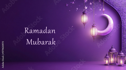 Ramadan Mubarak on purple background.