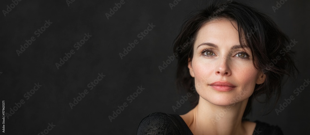 Brunette woman in her late thirties with soft features, wearing a black top, against a dark background, ideal for text overlay and portrait design. Brunette woman in her late thirties with soft features, wearing a black top, against a dark background, ideal for text overlay and portrait design.