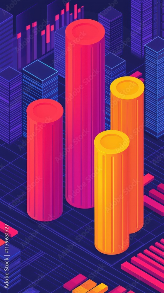 Fototapeta premium A vibrant, abstract graphic featuring colorful cylindrical bars representing data analysis and statistics against a dark background.
