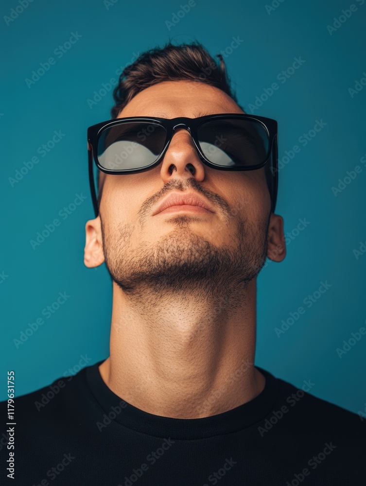 Stylish man in oversized sunglasses posing against a vibrant teal background creating expansive space for text and branding. Stylish man in oversized sunglasses posing against a vibrant teal background creating expansive space for text and branding.