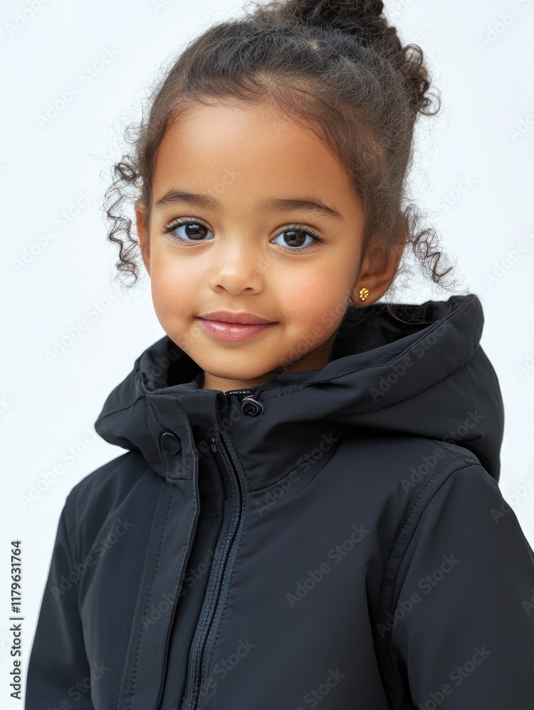 Portrait of young girl with curly hair wearing black jacket against a light background, showcasing innocence and summer vibes, ample space for text. Portrait of young girl with curly hair wearing black jacket against a light background, showcasing innocence and summer vibes, ample space for text.