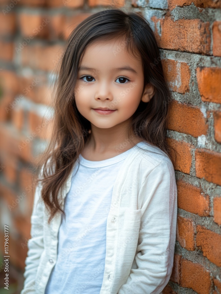 Charming portrait of a young girl with long hair against a rustic brick wall in Thailand featuring warm tones and ample empty space for text and design elements. Charming portrait of a young girl with long hair against a rustic brick wall in Thailand featuring warm tones and ample empty space for text and design elements.