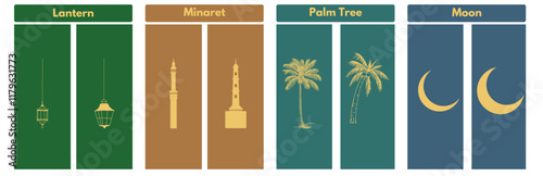 Islamic icons feature a lantern, minaret, palm tree, and star and crescent. Perfect for Ramadan, Eid, and Islamic designs. 