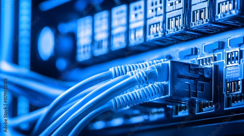 Naklejka premium Close-up of blue fiber optic cables connected to a network switch. The image showcases high-speed data transfer technology in a data center or server room.