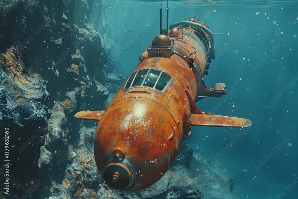 Obraz premium Beautiful large bathyscaphe floating in middle of deep ocean during exploration, abstract vivid composition consists of fictional unreal fantastic vision on background
