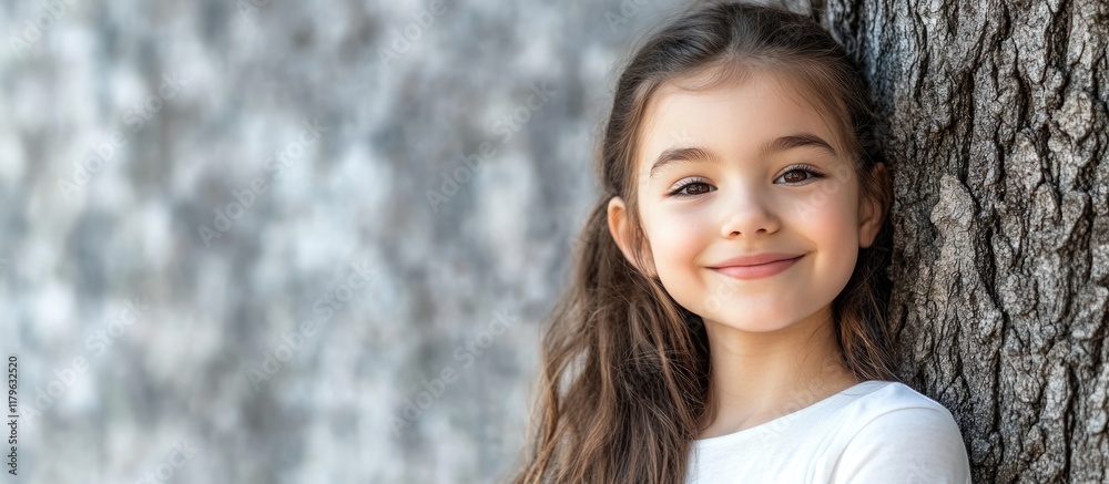 Cheerful young girl with long brown hair smiling while leaning against a textured tree trunk in soft natural light with an inviting background for text space. Cheerful young girl with long brown hair smiling while leaning against a textured tree trunk in soft natural light with an inviting background for text space.