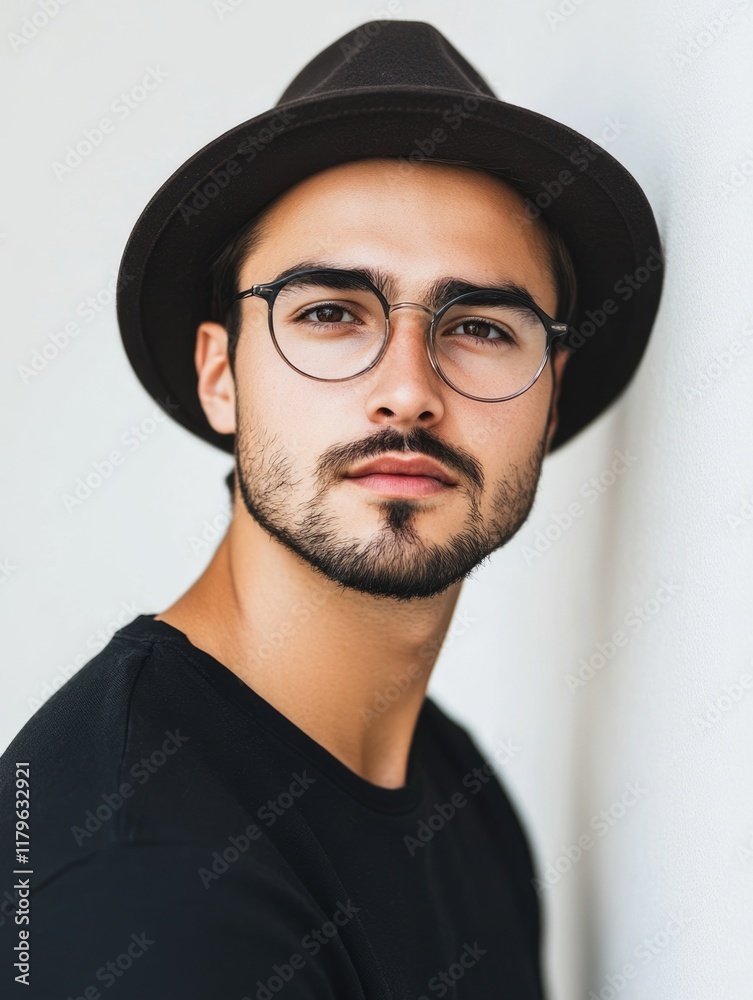 Stylish young man wearing a black t-shirt and brown hat with round glasses posing against a white wall, featuring ample empty space for text, captured in natural lighting.