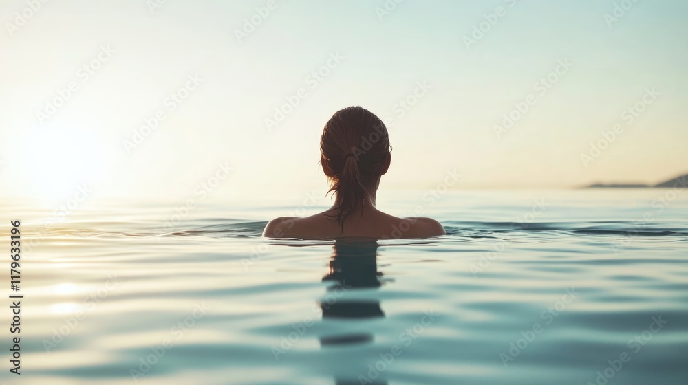 Fototapeta premium Serene back view of a woman swimming in tranquil blue waters at sunset, expansive copyspace for text and fitness concepts, gentle waves.