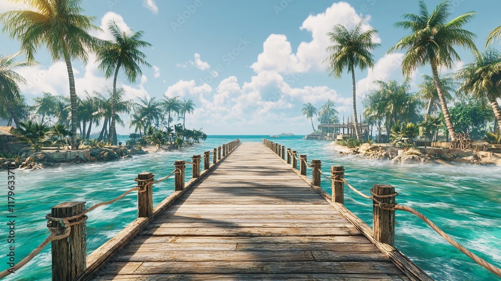 A Tropical Island Paradise: Wooden Dock Leading to a Pristine Beach A Tropical Island Paradise: Wooden Dock Leading to a Pristine Beach