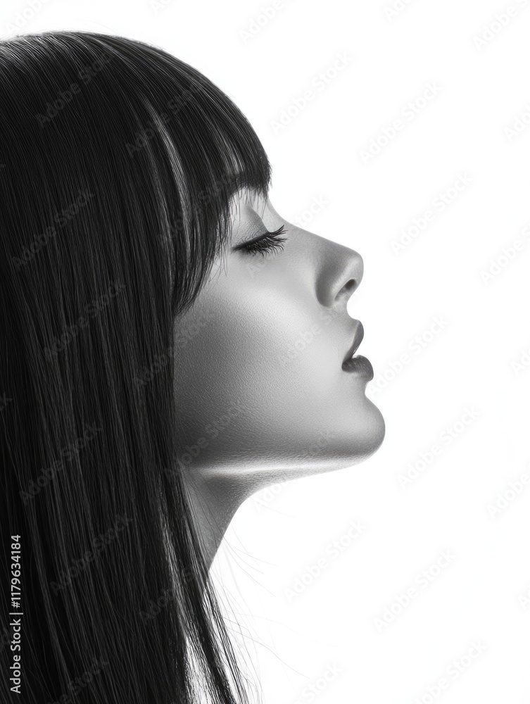 Elegant profile view of a woman with glossy black hair showcasing her striking features against a soft white background with ample space for text. Elegant profile view of a woman with glossy black hair showcasing her striking features against a soft white background with ample space for text.