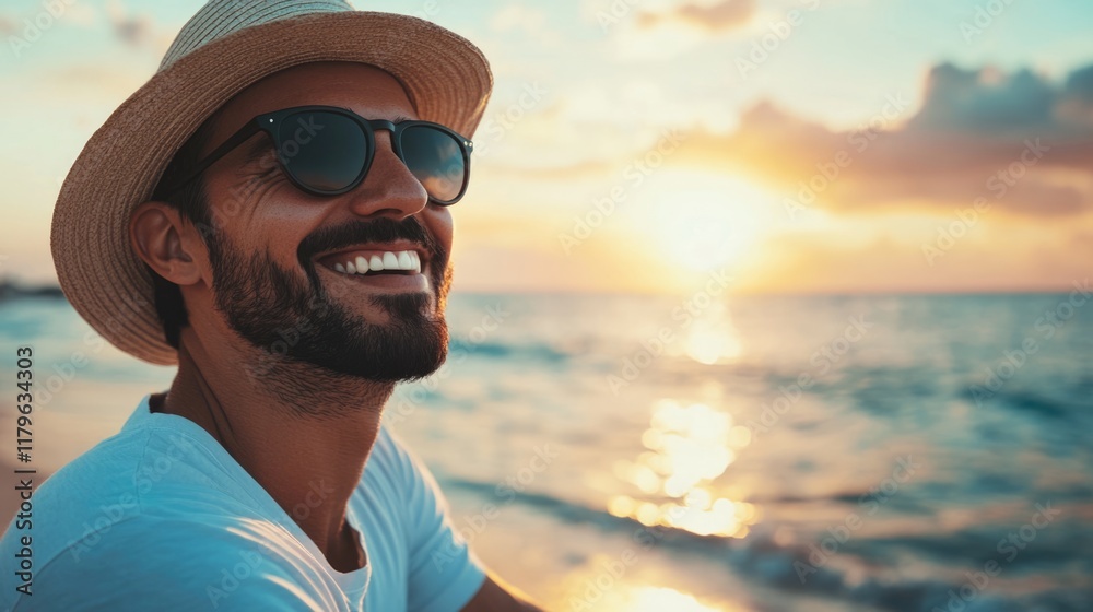 Joyful man wearing a straw hat and sunglasses smiling by the ocean during a vibrant sunset with soft orange and blue hues and ample copyspace. Joyful man wearing a straw hat and sunglasses smiling by the ocean during a vibrant sunset with soft orange and blue hues and ample copyspace.