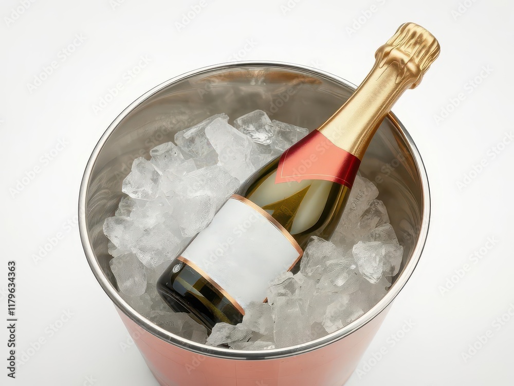 A chilled bottle of champagne in an ice bucket, isolated on white, drinkware,isolated background