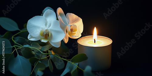 Candela accesa e fiori. Annuncio funebre. In ricordo di persone scomparse.