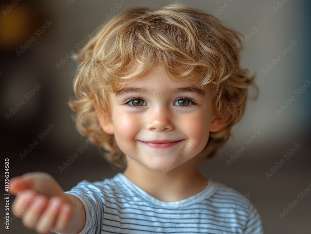 Cute Caucasian boy with curly blonde hair wearing a striped t-shirt standing against a bright white wall, smiling and offering an open hand in a welcoming gesture. Cute Caucasian boy with curly blonde hair wearing a striped t-shirt standing against a bright white wall, smiling and offering an open hand in a welcoming gesture.