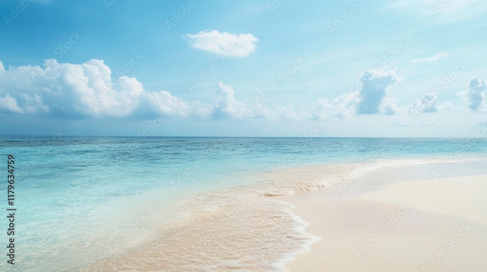 Obraz premium Tranquil Beach Scene with Gentle Waves and Blue Sky Perfect for Meditation and Yoga, Ideal Summer Vacation Setting with Space for Text