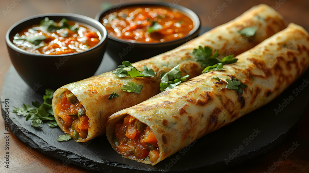 Two vegetable filled rolled pancakes served with two bowls of chutney on a dark slate plate. Two vegetable filled rolled pancakes served with two bowls of chutney on a dark slate plate.