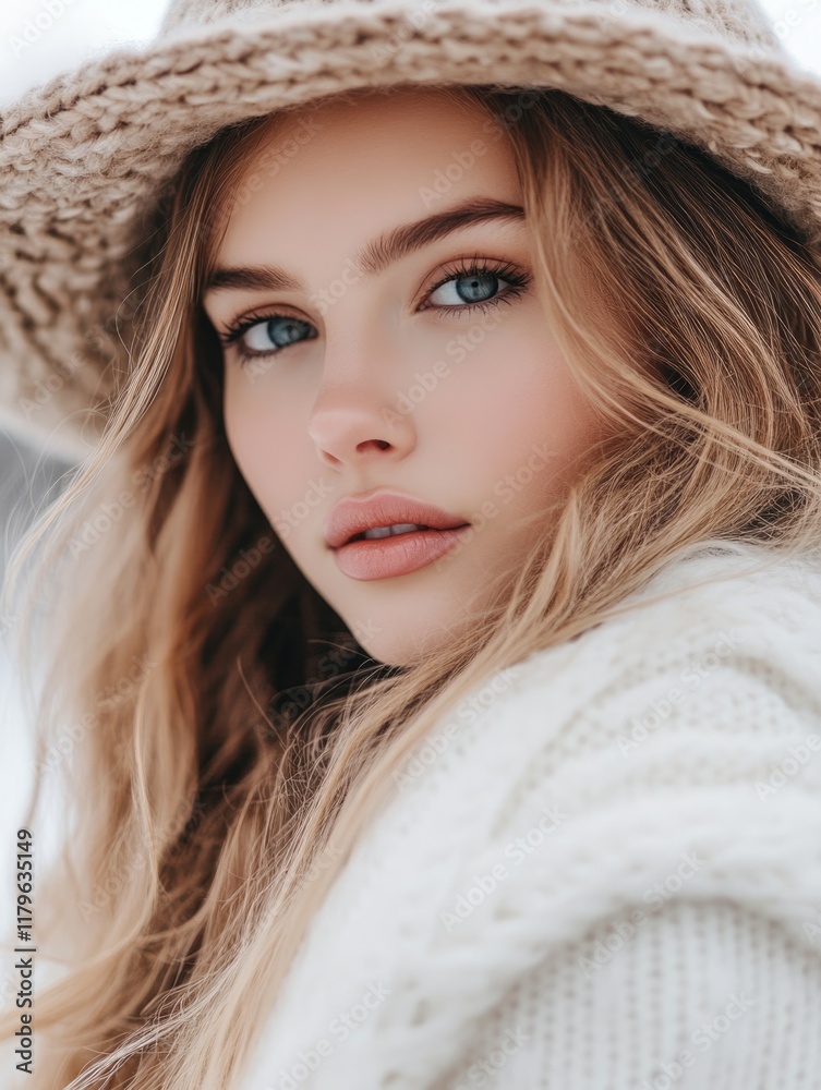 Beautiful girl wearing a cozy knitted hat on a cold windy day, with soft blonde hair and striking blue eyes, set against a serene snowy background.
