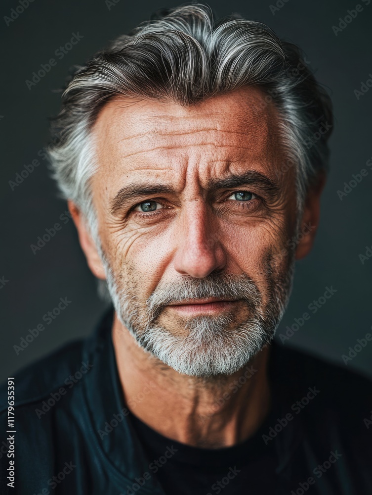 Mature man with distinguished gray hair and beard against dark backdrop, showcasing confident expression and ample empty copyspace for text. Mature man with distinguished gray hair and beard against dark backdrop, showcasing confident expression and ample empty copyspace for text.