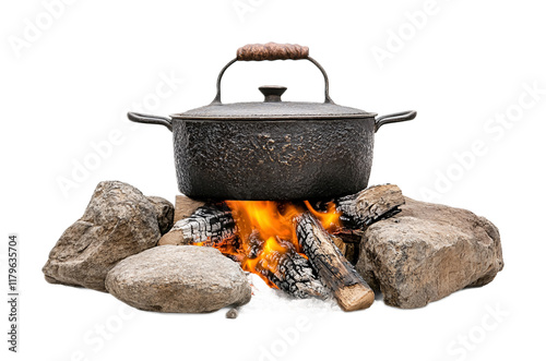 Heavy-Duty Campfire Cooking Pot for Outdoor Meals Isolated on White Background